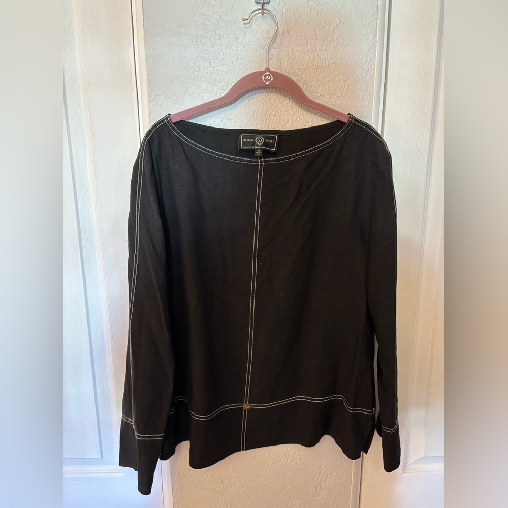 St. John Black Top Stitch 100% Linen Blouse